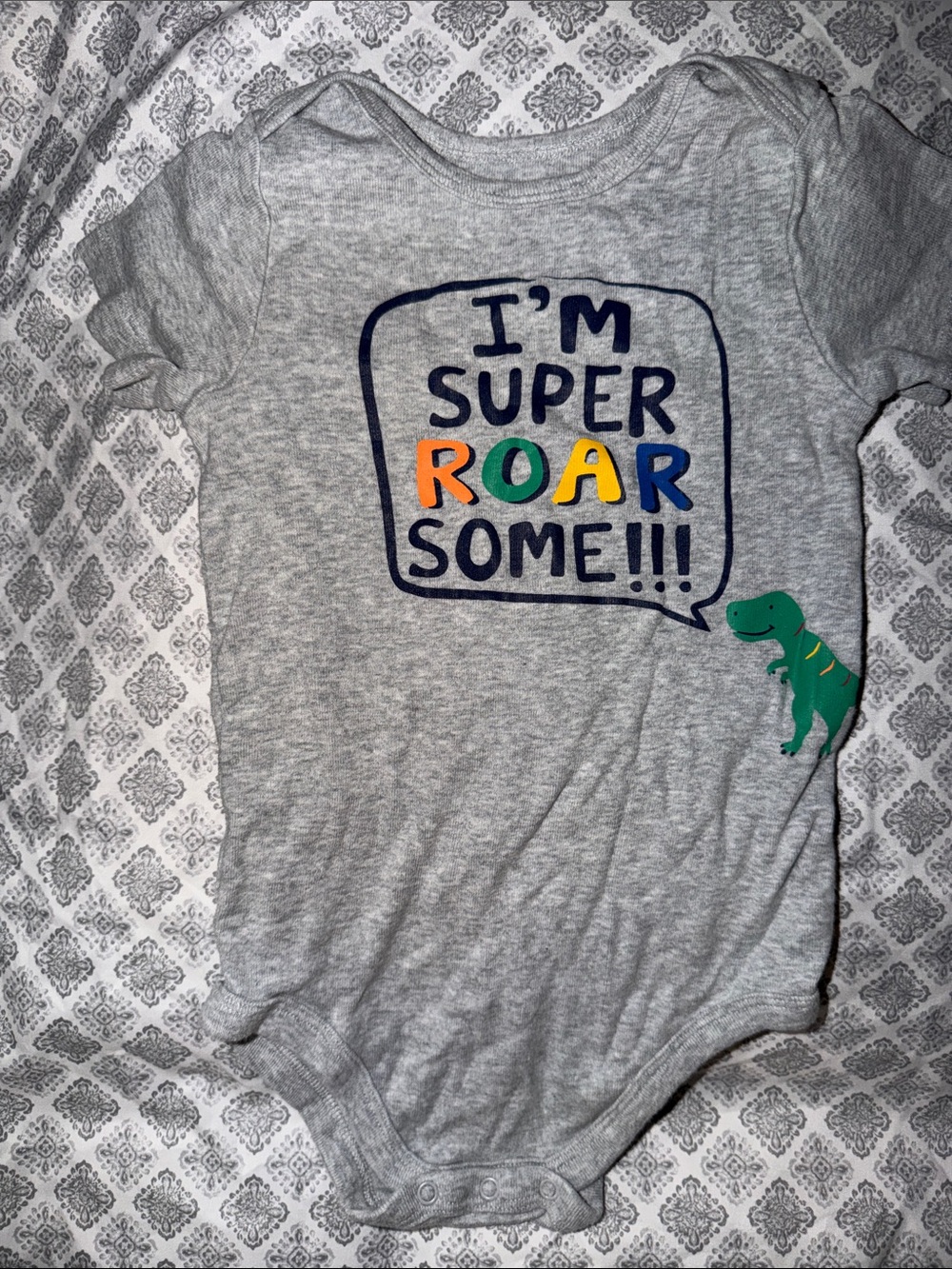 Gray Baby Onesie "I'm Super Roarsome!!!"
